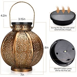 Đèn lồng năng lượng mặt trời ngoài trời lớn 3500K Đèn năng lượng mặt trời treo cổ điển bằng kim loại