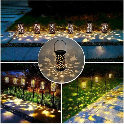 Đèn lồng năng lượng mặt trời bằng sắt rỗng cho bên ngoài mặt trăng sao mặt trăng Retro ánh sáng sân thượng trang trí đường dẫn IP66